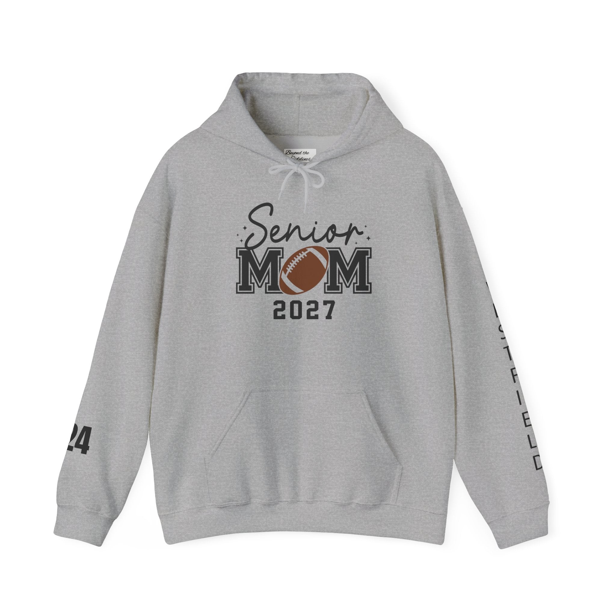 Senior Mom 2027 Football Hoodie — Custom Back & Sleeve Name/Number