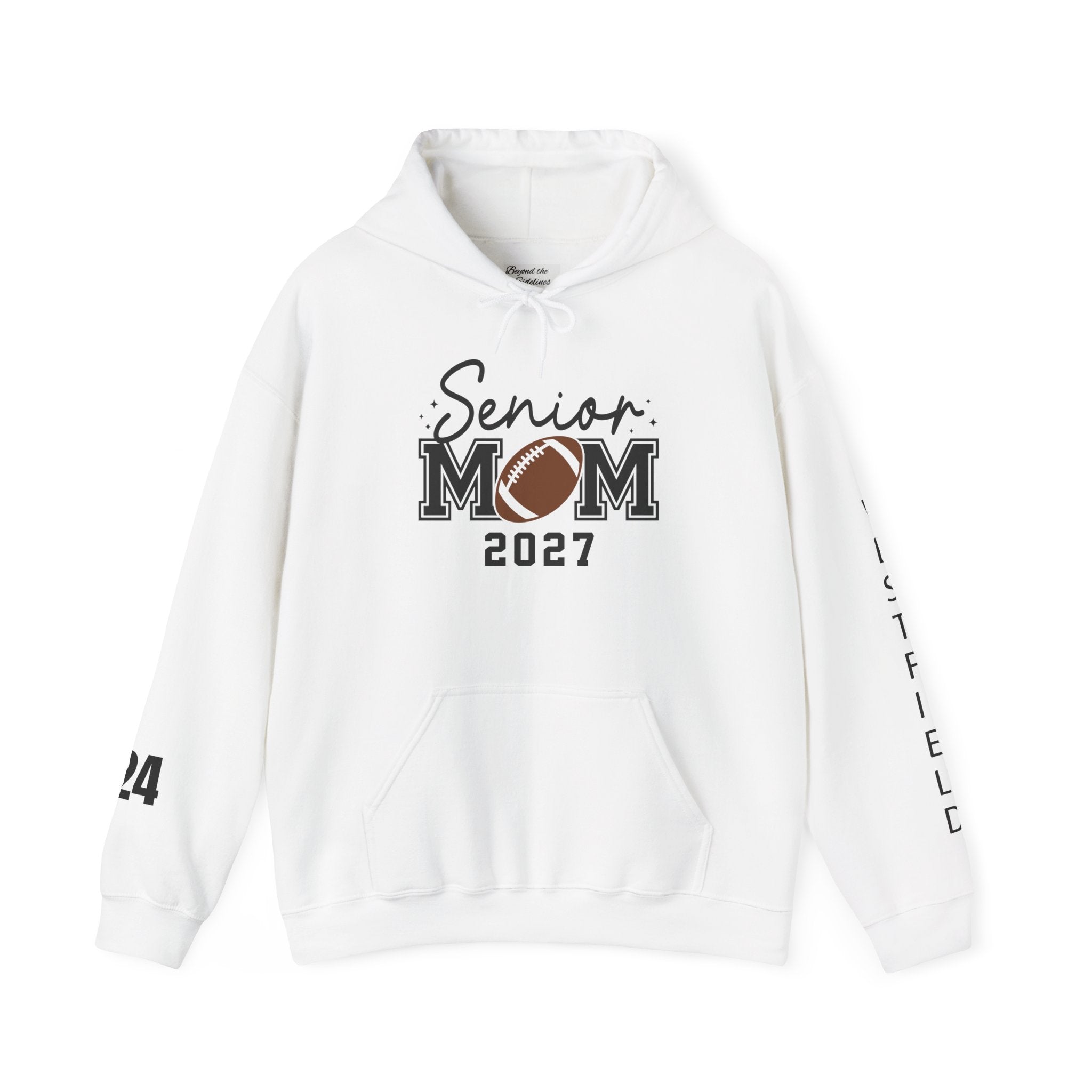 Senior Mom 2027 Football Hoodie — Custom Back & Sleeve Name/Number