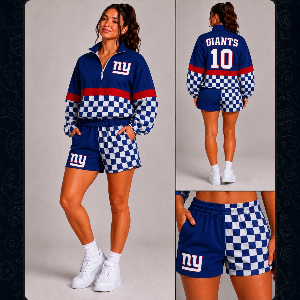 🏈 New York Giants Inspired Women’s Game Day Sets Quarter-Zip + Shorts Set