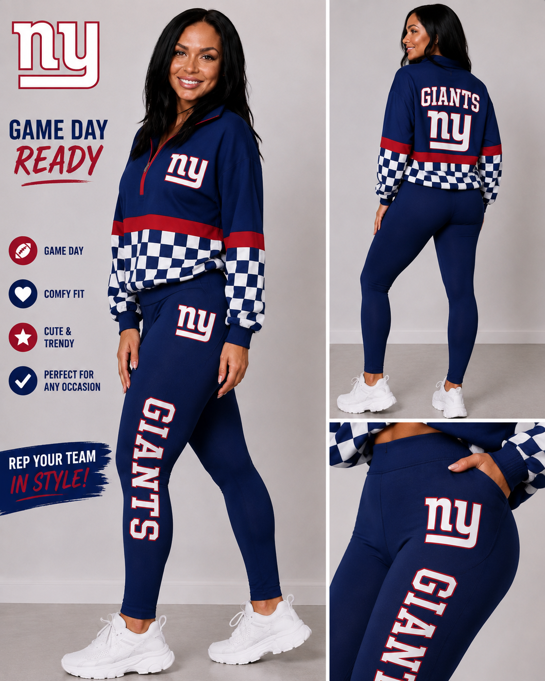🏈 New York Giants Inspired Women’s Game Day Sets Quarter-Zip + Leggings Set
